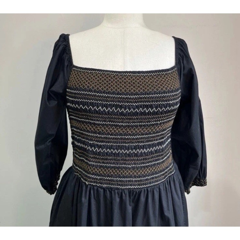 Milkmaid Black Maxi Dress L Smocked Embroidered Cottagecore Peasant Puff Sleeve - Picture 6 of 16